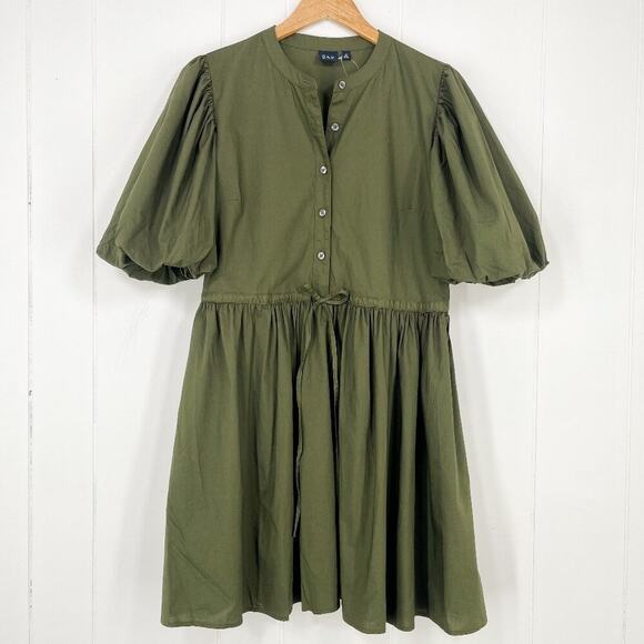 Gap Bubble Sleeve Cotton Poplin Dress Cinch Waist Button Front Size Medium Green - Picture 15 of 15